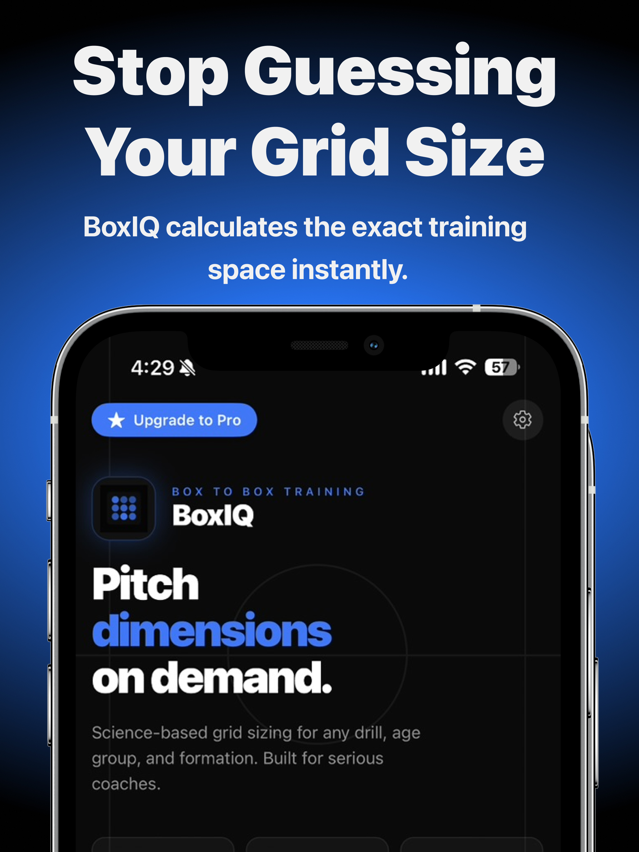 BoxIQ app screenshot showing the grid calculator