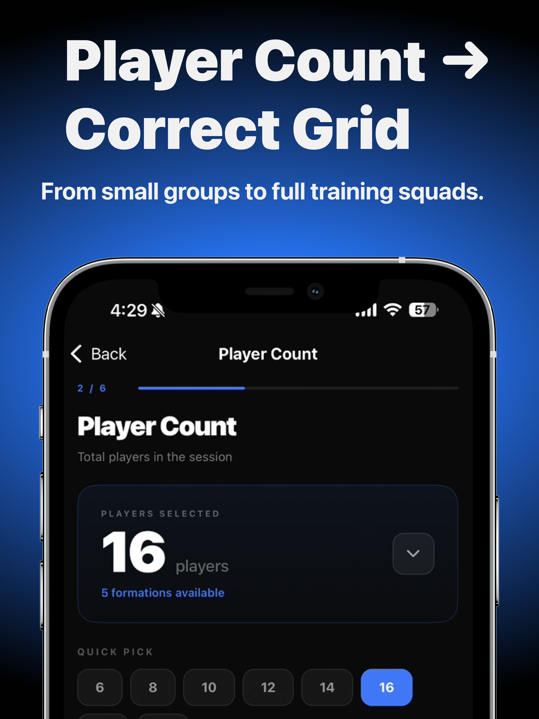 BoxIQ player count card showing quick pick options and supported formations