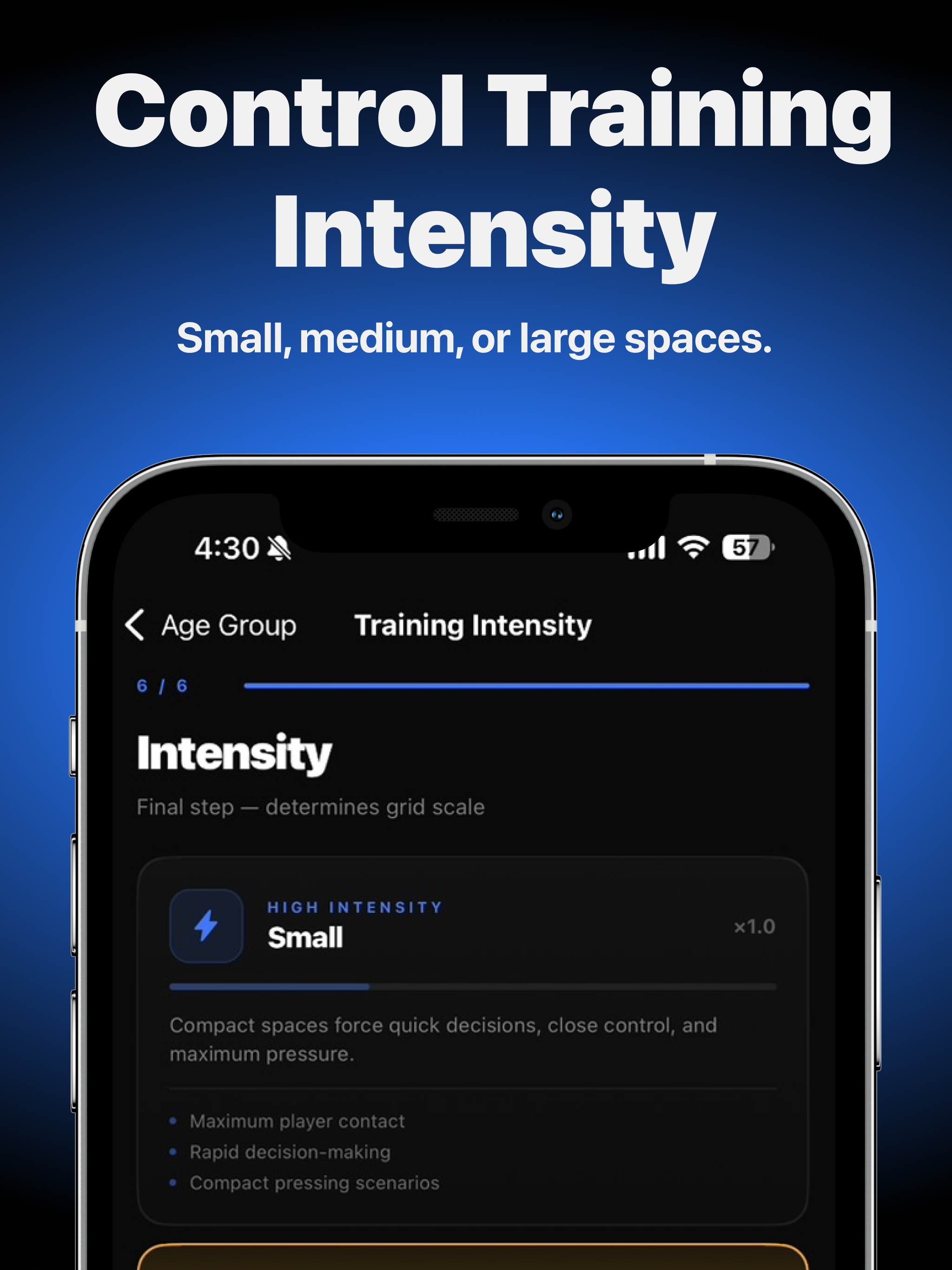 BoxIQ training intensity screen showing small medium and large space logic