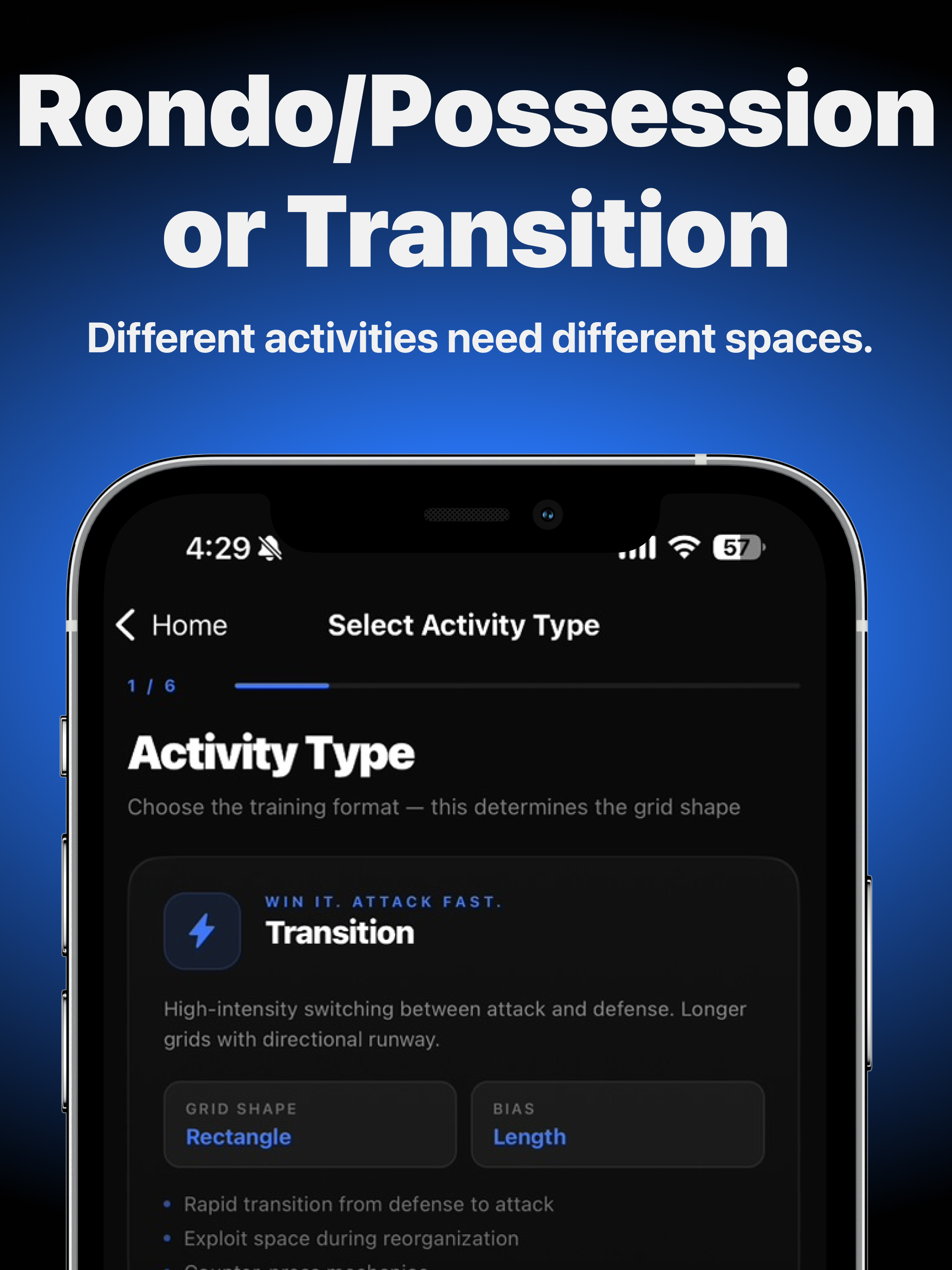 BoxIQ activity type screen showing transition and rondo options
